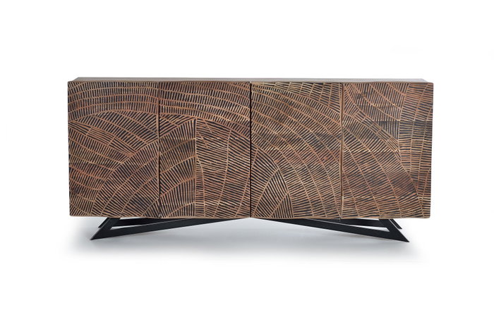 GINER Y COLOMER - Buffet 4 portes en acacia massif avec pattes en métal - Finition naturelle patinée - Dimensions : 200 x 90 x 40 cm